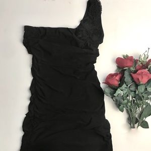 Taboo Black One Shoulder Dress- 3 Rose Detail